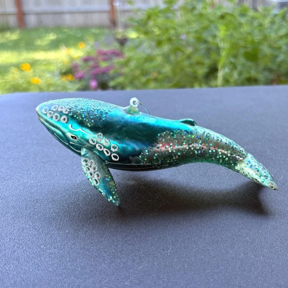 Blown Glass Humpback Whale Ornament Teal Turquoise Glitter Nautical‎ Christmas